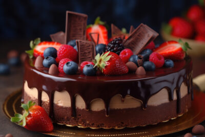 Chocolate cake decorated with forest fruits, blueberries, strawberries and blackberries.