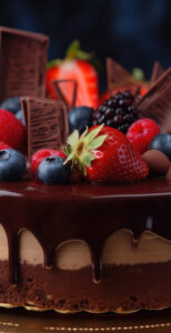 Chocolate cake decorated with forest fruits, blueberries, strawberries and blackberries.